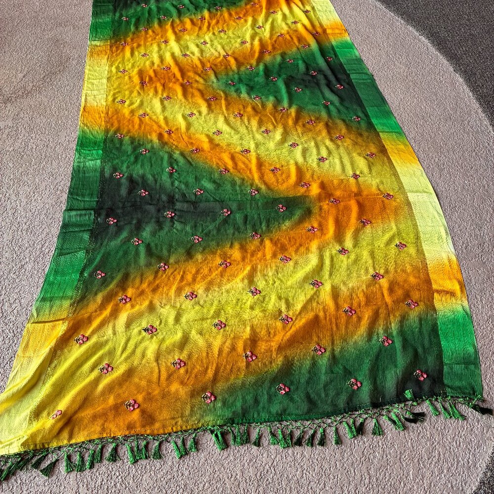 Green and Yellow Chiffon Sari w/Pink Embroidered Flowers